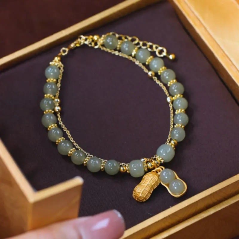 KarmaRipple's Jade Leaf Ginkgo Tulip Peanut Fu Character Fortune Beaded Bracelet p27