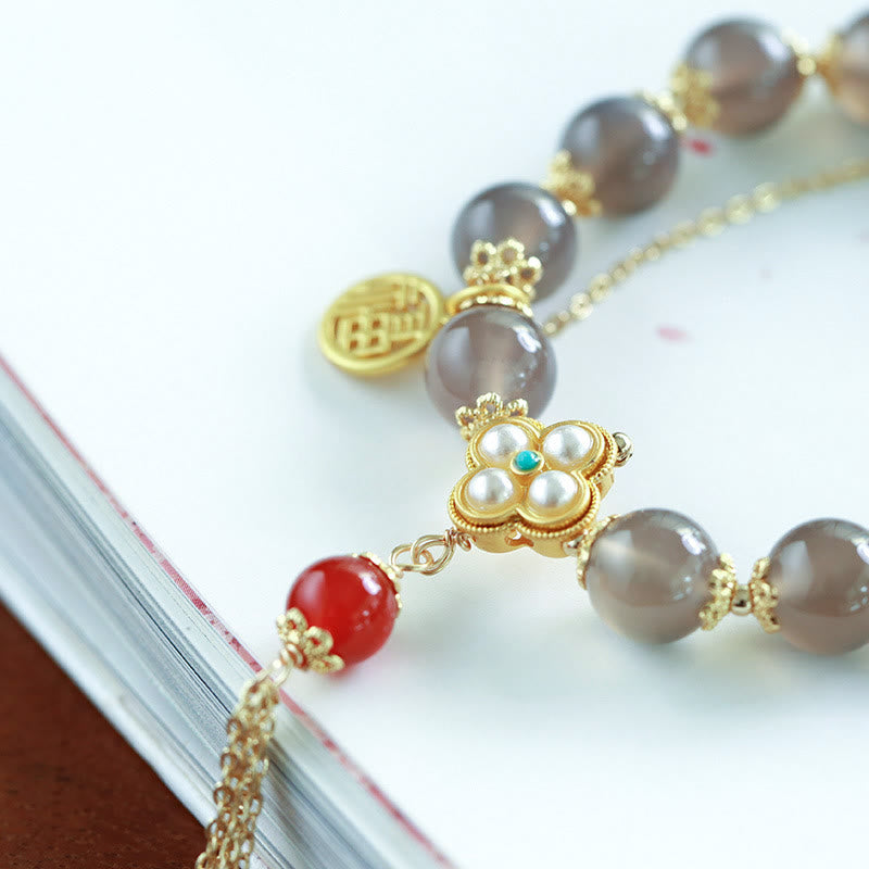 KarmaRipple's Authentic Gray Agate Fu Character Pearl Tassel Balance Bracelet p6