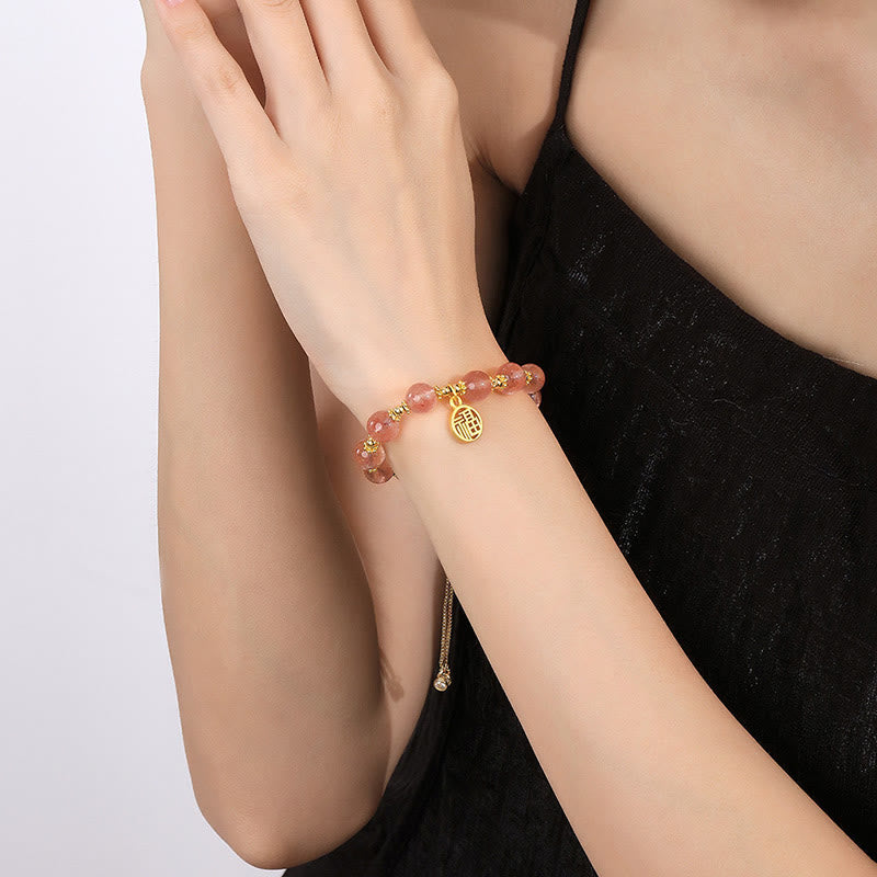 KarmaRipple's 14K Gold Plated Authentic Strawberry Quartz Fu Character Positive Talisman Bracelet p6