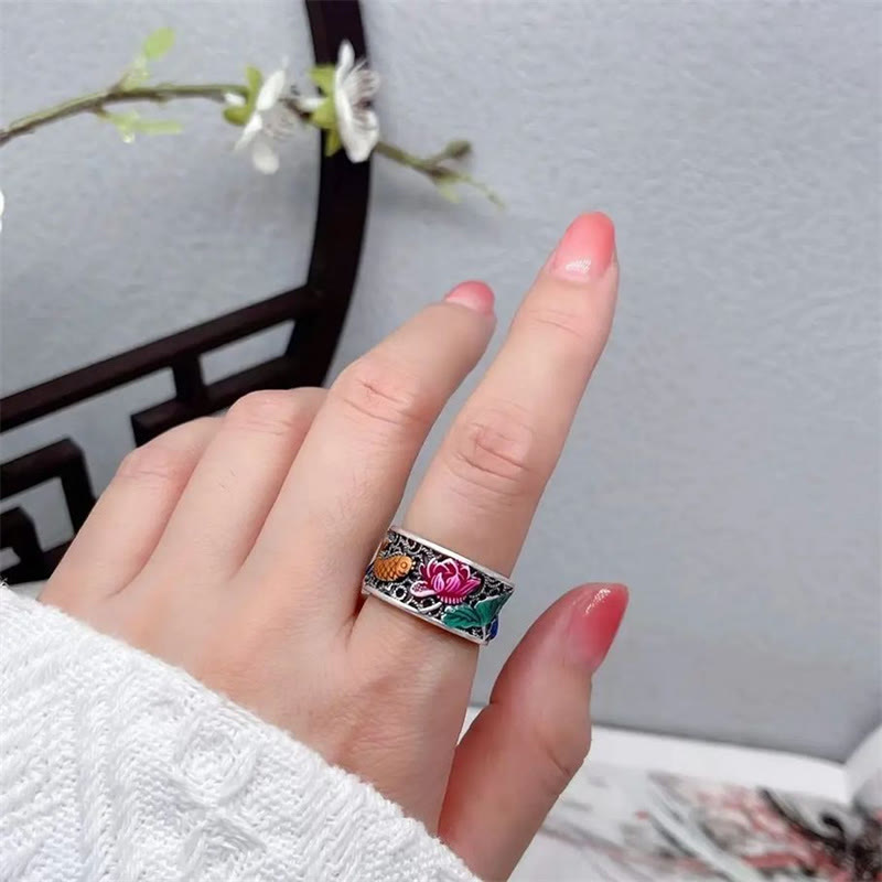 KarmaRipple's Bronze Blue Enamel Lotus Heart Sutra Koi Fish Fortune Ring p14