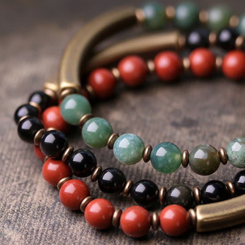 KarmaRipple's Red Jasper Moss Agate Black Obsidian Gemstone Bronze Peace Pair Bracelet p16