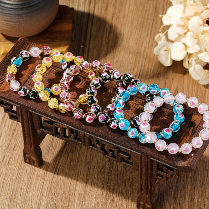 KarmaRipple's Gold Swallowing Beast Family Pink Love Heart Luminous Fluorescent Liuli Glass Bead Bracelet p14