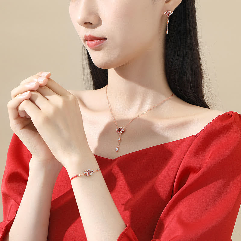 KarmaRipple's 925 Sterling Silver Chinese Knotting Red Zircon Wealth Pendant Necklace Bracelet Earrings Set p5