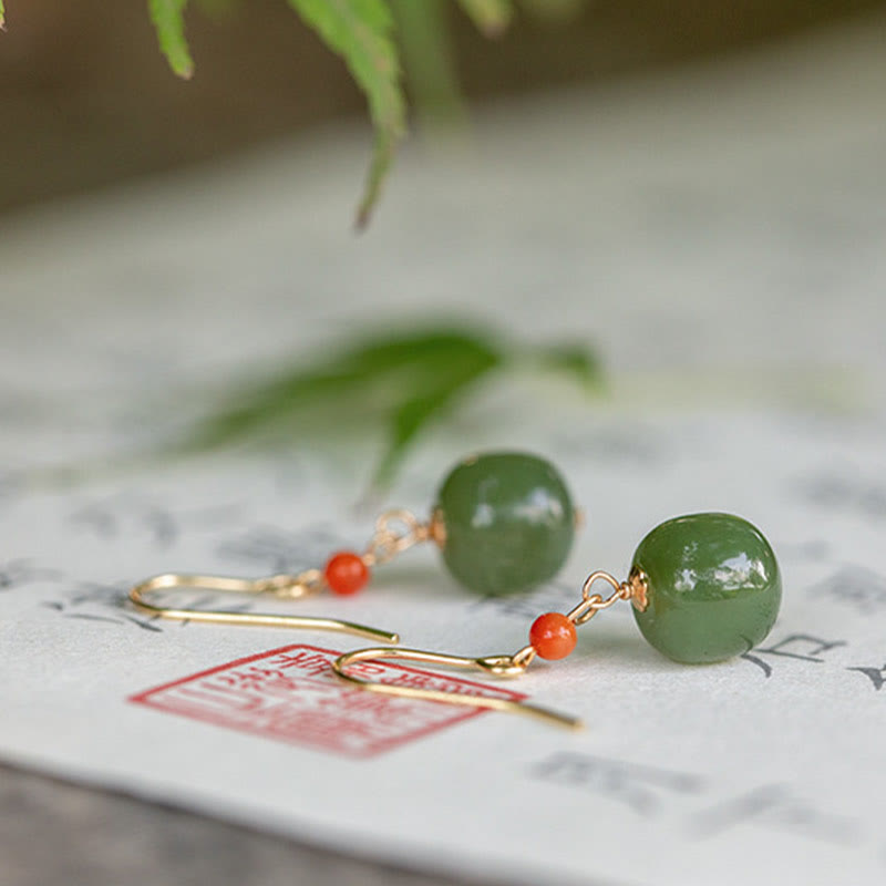 KarmaRipple's 925 Sterling Silver 14K Gold Plated Hetian Jade Red Agate Fortune Drop Dangle Earrings p16