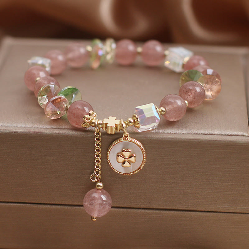 KarmaRipple's Strawberry Quartz Fortunate Four Leaf Clover Balancing Talisman Bracelet p2