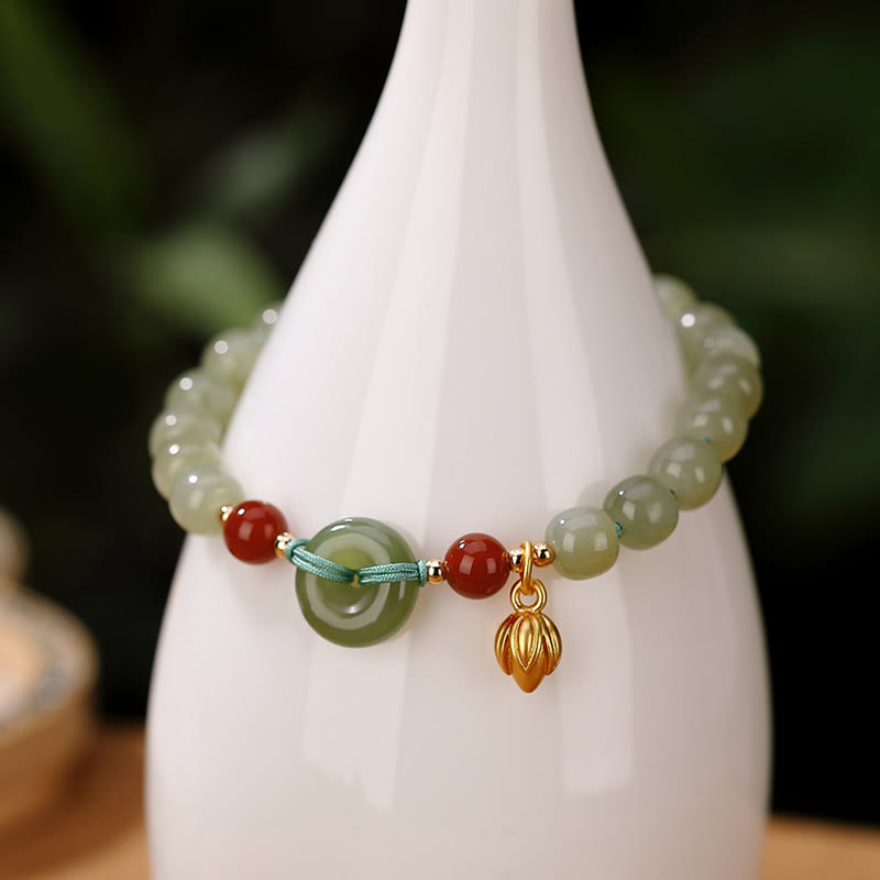 KarmaRipple's 925 Sterling Silver Authentic Hetian Jade Peace Buckle Red Agate Fortune Bracelet p2