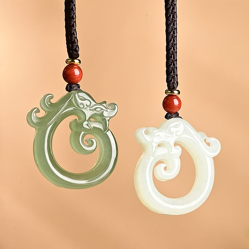 KarmaRipple's Ivory Jade Cyan Jade Dragon Protection Pendant String Necklace p3