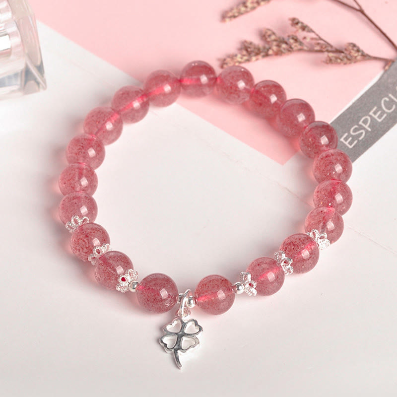 KarmaRipple's 925 Sterling Silver Strawberry Quartz Four Leaf Clover Love Bracelet p4