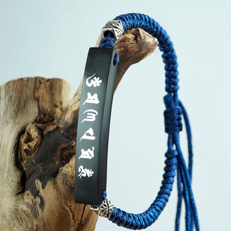 KarmaRipple's Buddhism Six True Words Wood Ebony Wood Silver Inlaid Protection Bracelet p3