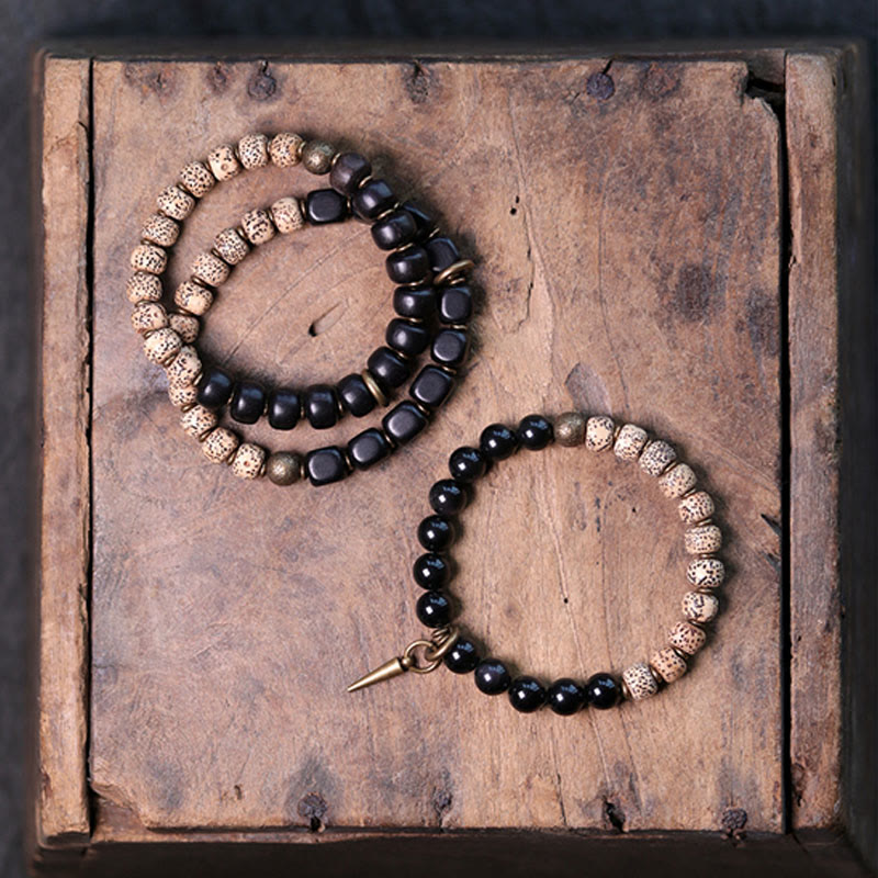 KarmaRipple's Tibetan Bodhi Seed Black Obsidian Ebony Wood Bronze Peace Bracelet p5