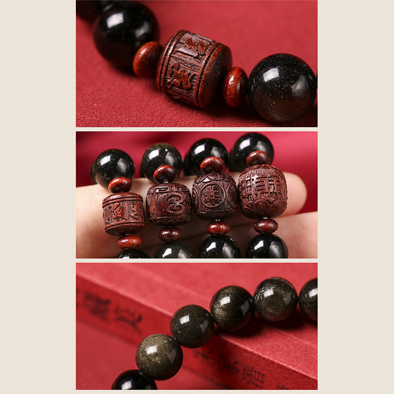 KarmaRipple's Authentic Gold Sheen Obsidian Rainbow Obsidian Om Mani Padme Hum Fu Character Balancing Bracelet p30