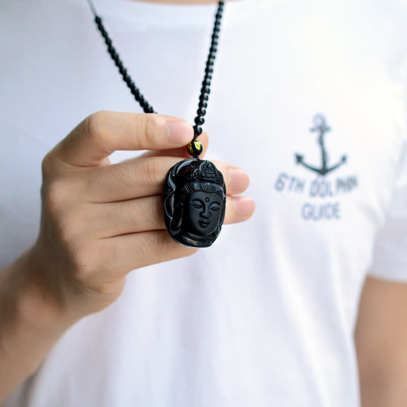 KarmaRipple's Authentic Black Obsidian Kwan Yin Avalokitesvara Strength String Pendant Necklace p5