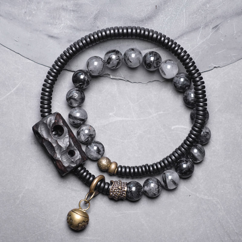 KarmaRipple's Black Rutilated Quartz Ebony Wood Bronze Wisdom Pair Bracelet p21