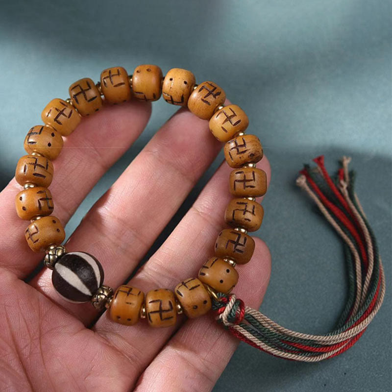 KarmaRipple's Authentic Tibetan Camel Bone Swastika Dzi Bead Shankha Buddha Talisman Kirtimukha Fortune Protection Tassel Bracelet p13