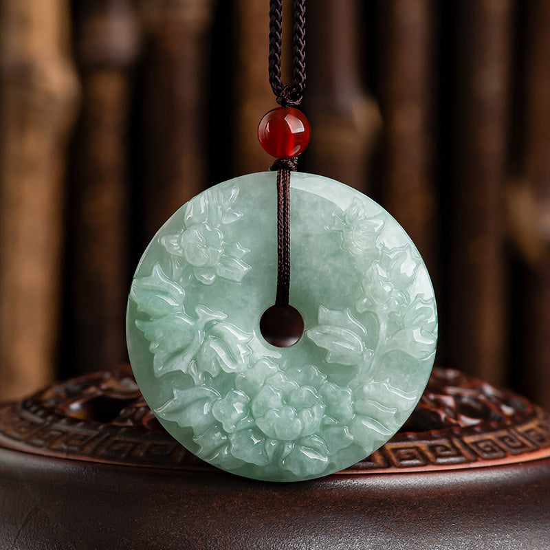 KarmaRipple's Round Jade Peace Buckle Peony Flower Abundance Pendant Necklace p6