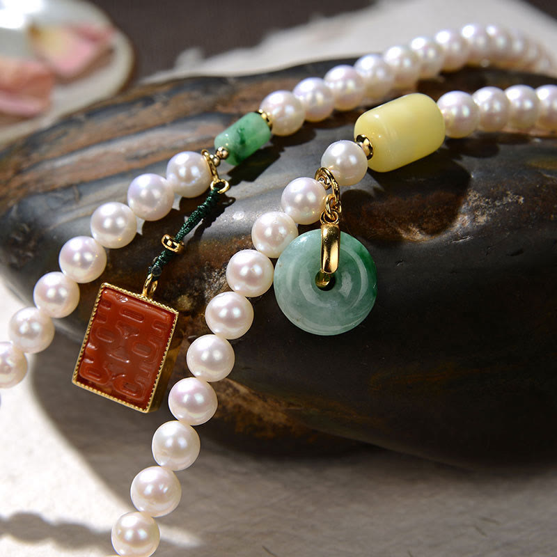 KarmaRipple's 925 Sterling Silver Pearl Hetian Jade Red Agate Double Happiness Amber Fortune Quadruple Wrap Bracelet p3