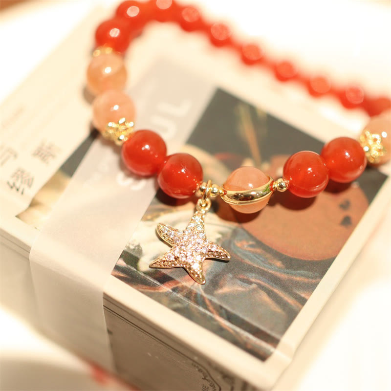 KarmaRipple's Sun Stone Peach Moonstone Red Agate Gemstone Star Wealth Bracelet p10