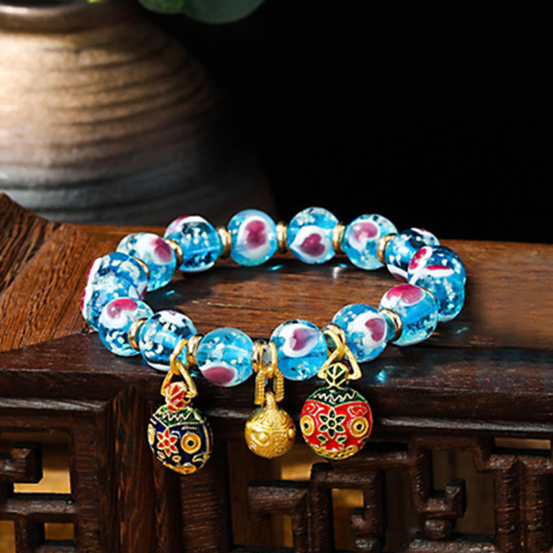 KarmaRipple's Gold Swallowing Beast Family Pink Love Heart Luminous Fluorescent Liuli Glass Bead Bracelet p27