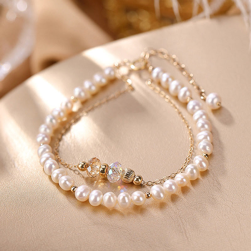 KarmaRipple's 925 Sterling Silver 14K Gold Plated Authentic Pearl Gemstone Balancing Double Layer Bracelet p2