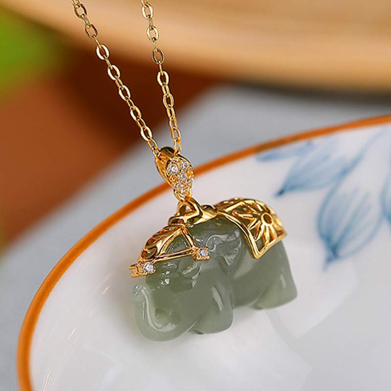 KarmaRipple's 925 Sterling Silver Jade Elephant Blessing Fortune Pendant Chain Necklace p6