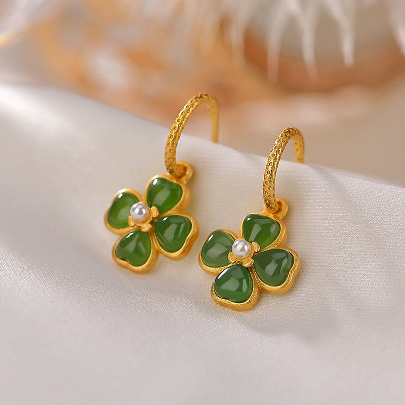 KarmaRipple's 925 Sterling Silver Authentic Cyan Jade Four Leaf Clover Fortune Success Earrings p19