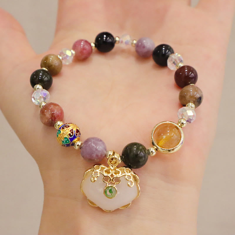 KarmaRipple's Strawberry Quartz Green Gemstone Amethyst Balancing Chinese Lock Talisman Bracelet p18