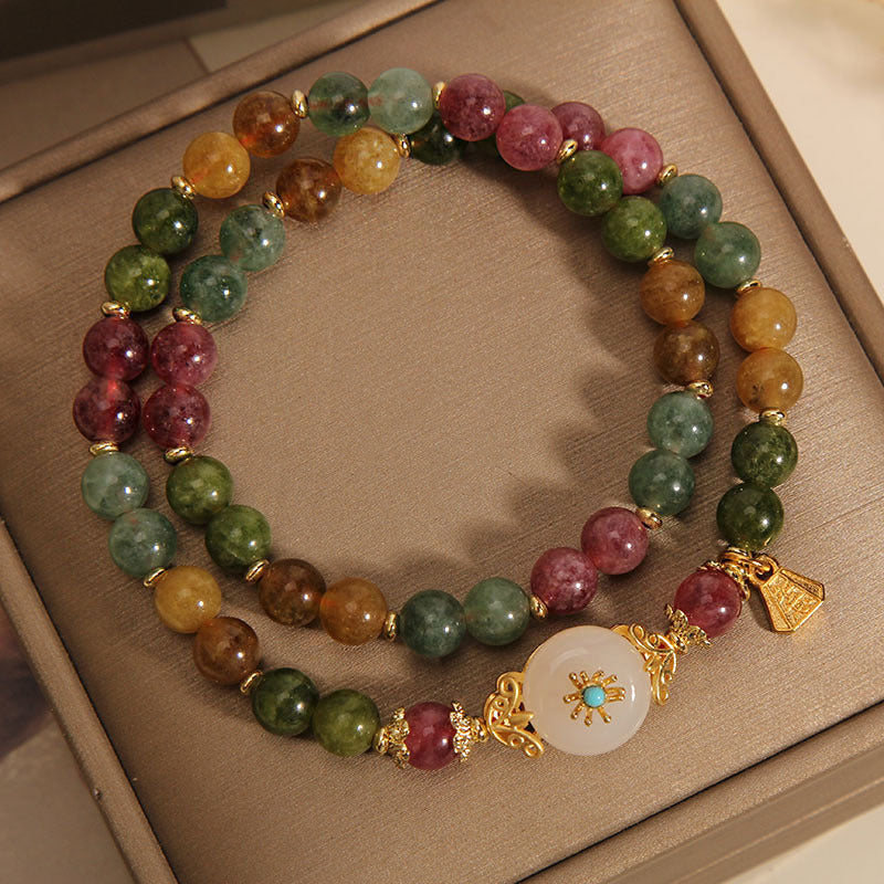 KarmaRipple's Authentic Multicolored Tourmaline Positive Jade Flower Double Wrap Bracelet p5