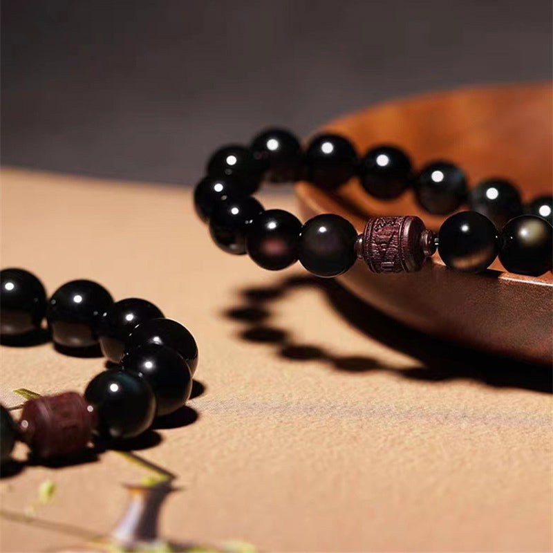 KarmaRipple's Authentic Gold Sheen Obsidian Rainbow Obsidian Om Mani Padme Hum Fu Character Balancing Bracelet p34