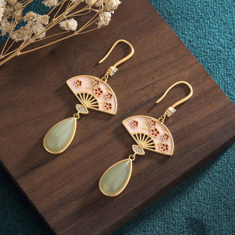 KarmaRipple's Authentic Green Aventurine Fan Pattern Fortune Drop Earrings p2