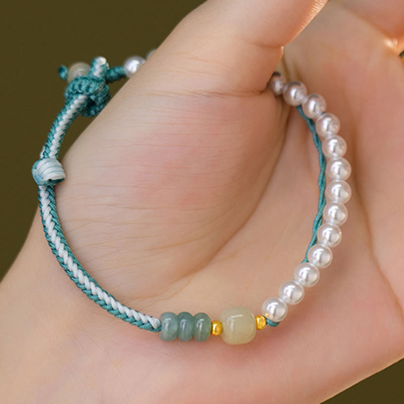 KarmaRipple's 925 Sterling Silver Hetian Jade Woven Rope Pearl Abundance Bracelet p7