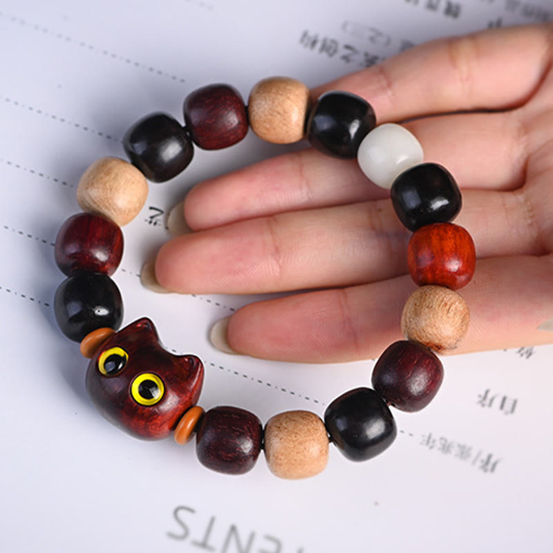 KarmaRipple's Small Leaf Red Sandalwood Ebony Wood Cute Cat Engraved Protection Bracelet p14