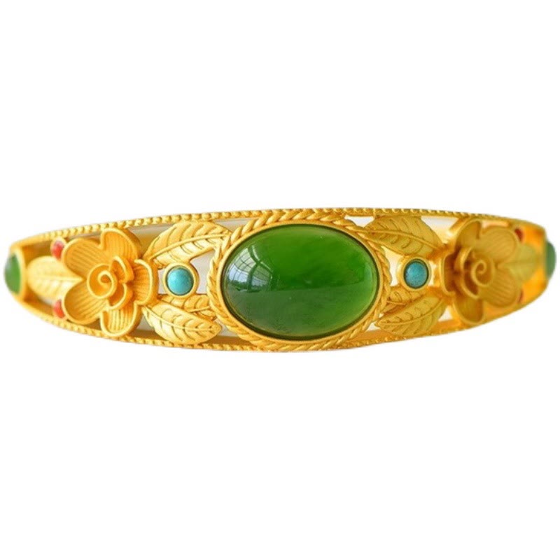 KarmaRipple's Cyan Jade Ivory Jade Flower Leaf Balance Fortune Bracelet Bangle p9