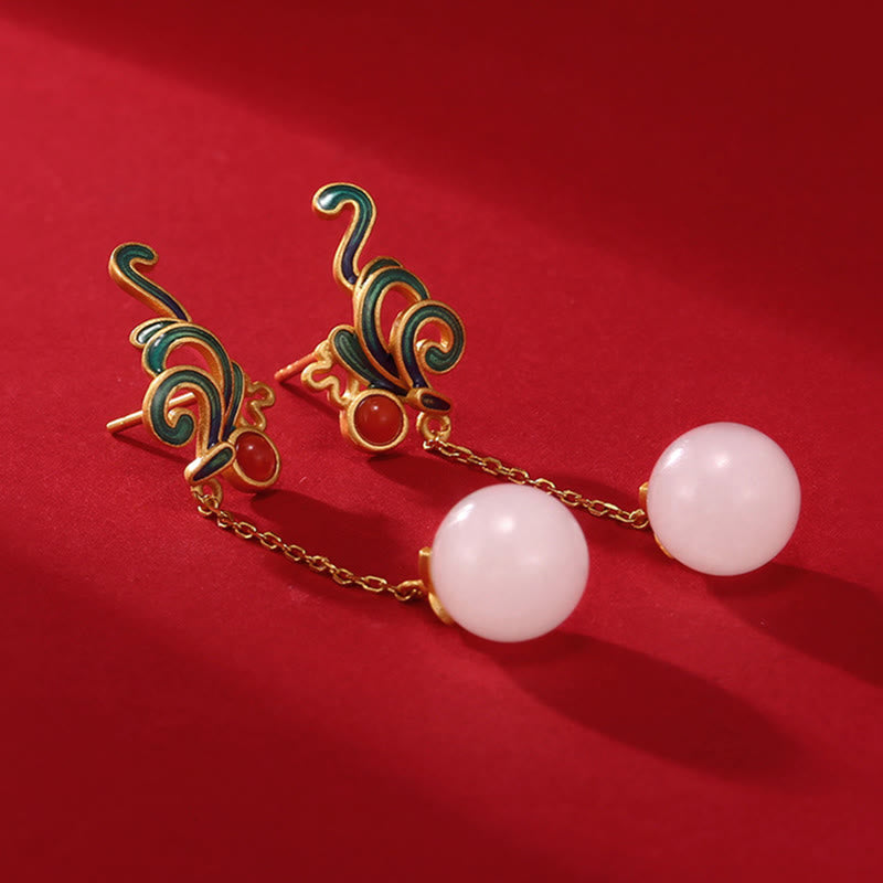 KarmaRipple's Vintage Ivory Jade Red Agate Bead Blessing Drop Dangle Earrings p2