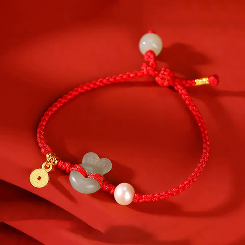 KarmaRipple's 925 Sterling Silver Year of the Rabbit Hetian Jade Bronze Coin Wealth Red String Bracelet p4