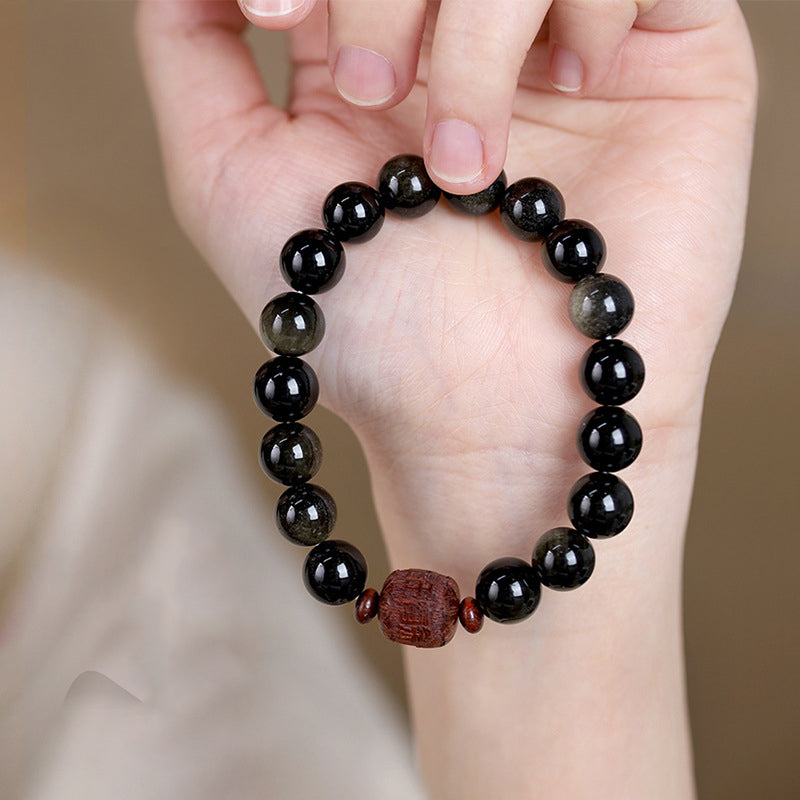 KarmaRipple's Authentic Gold Sheen Obsidian Rainbow Obsidian Om Mani Padme Hum Fu Character Balancing Bracelet p29