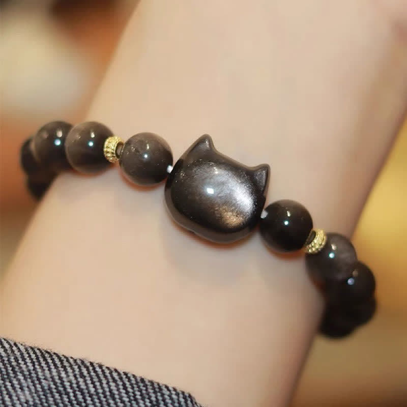 KarmaRipple's Gold Sheen Obsidian Silver Sheen Obsidian Lovely Paw Fortunate Cat Protection Bracelet p52