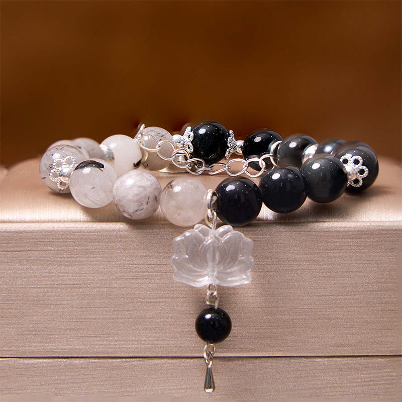 KarmaRipple's Silver Sheen Obsidian Crackle Clear Quartz Black Rutilated Quartz Yin Yang Lotus Protection Bracelet p16