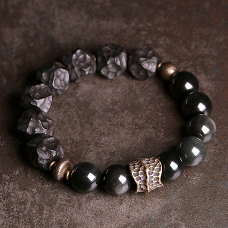 KarmaRipple's Black Obsidian Ebony Wood Bronze Strength Pair Bracelet p2