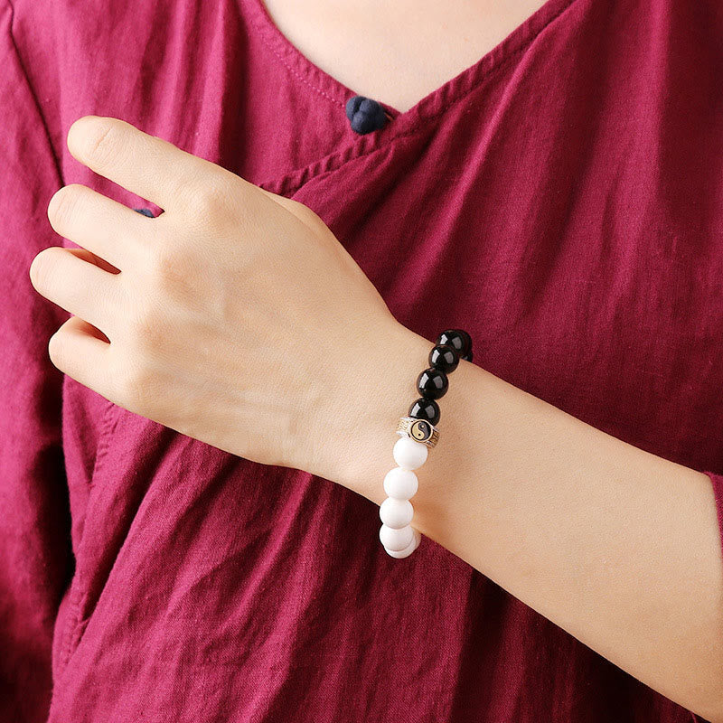 KarmaRipple's 925 Sterling Silver Black Obsidian Ivory Shell Yin Yang Strength Bracelet p13