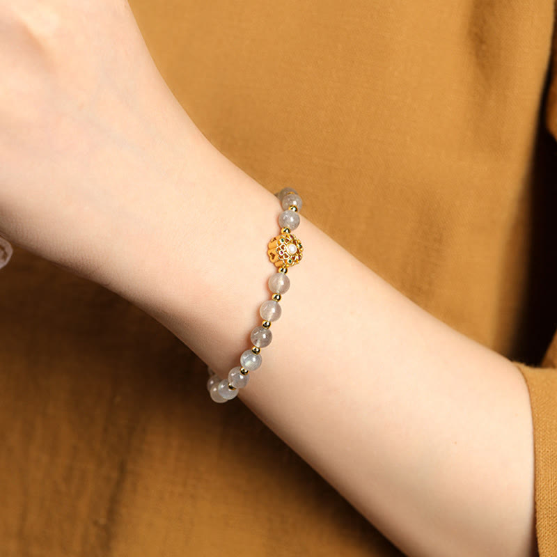 KarmaRipple's 14K Gold Plated Authentic Strawberry Quartz Labradorite Sun Stone Fu Character Positive Talisman Bracelet p10