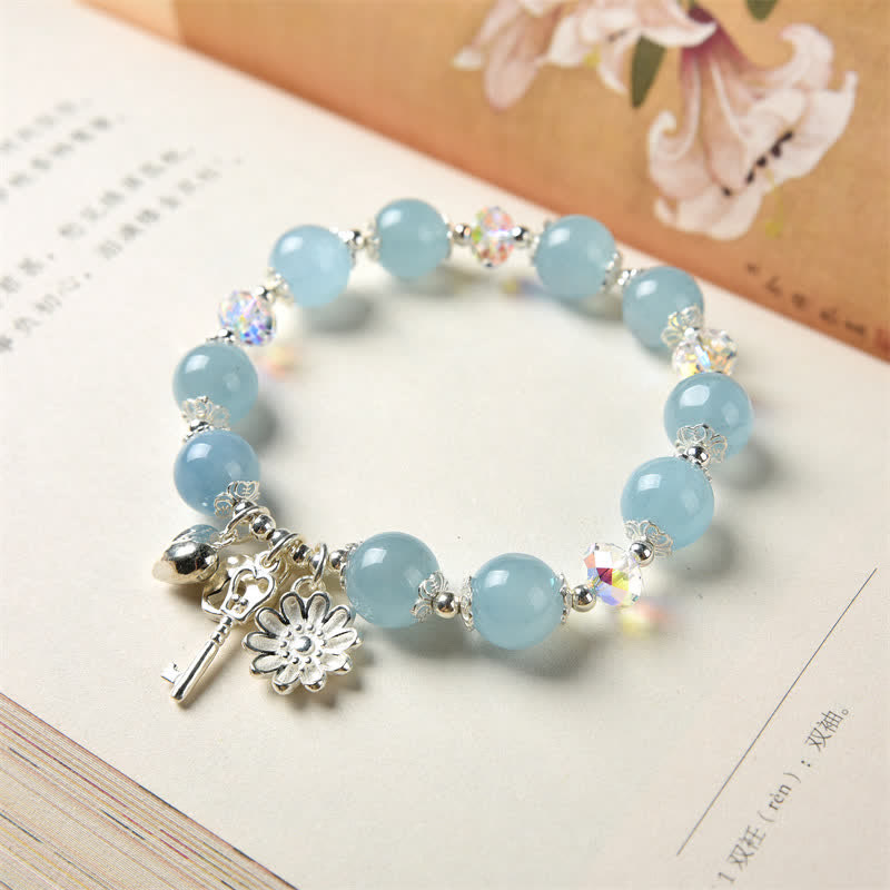 KarmaRipple's 925 Sterling Silver Authentic Aquamarine Serenity Flower Love Key Talisman Bracelet p4