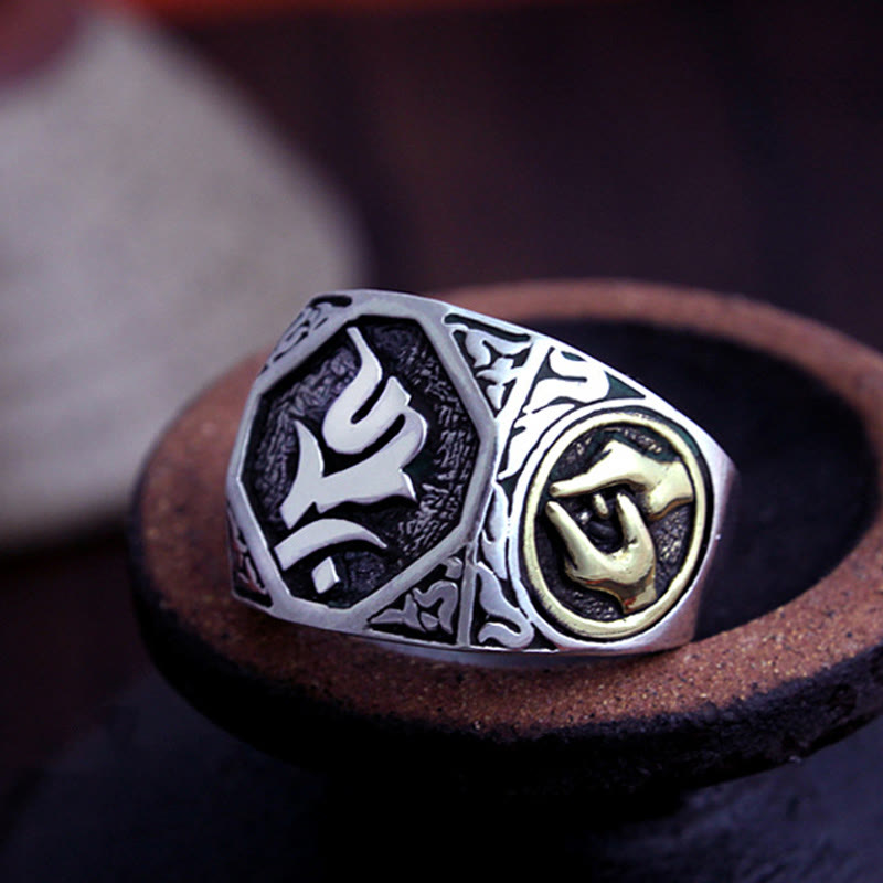 KarmaRipple's 925 Sterling Silver Sanskrit'sign Carved Protection Adjustable Ring p21