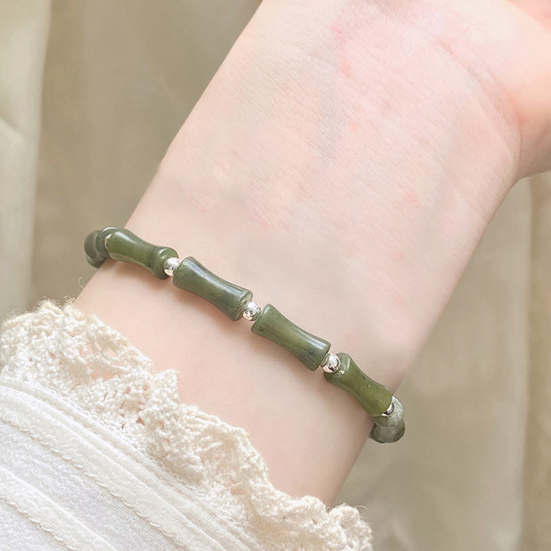 KarmaRipple's 925 Sterling Silver Bamboo Jade Fortunate Cat Fu Character Fortune Abundance Bracelet p15