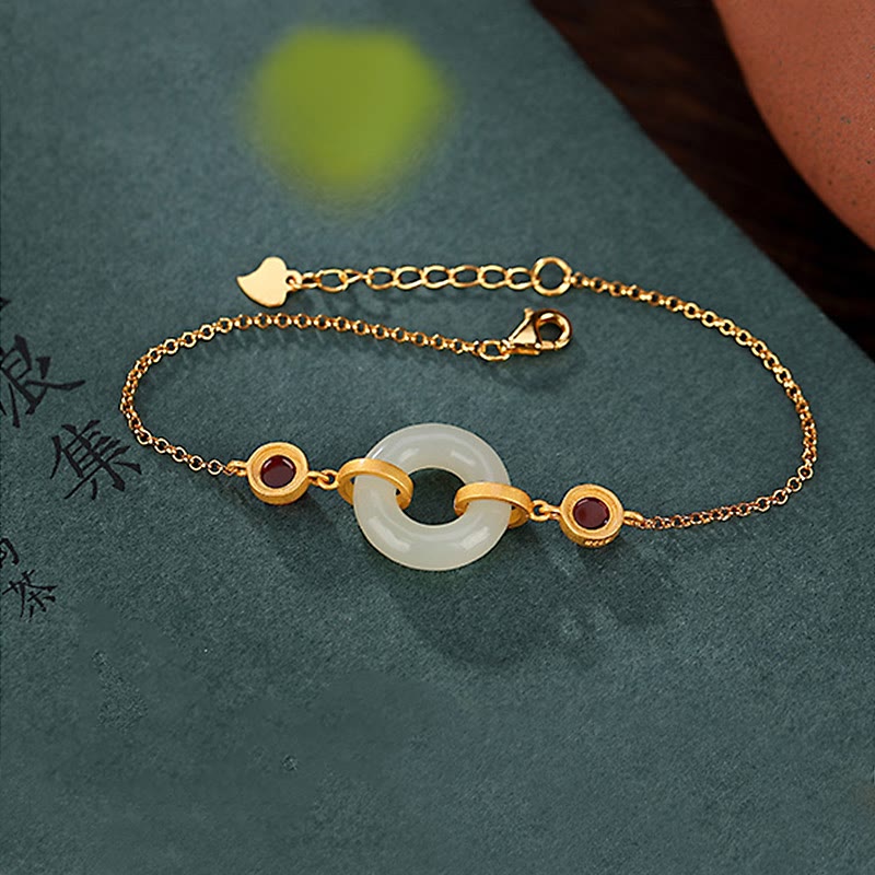 KarmaRipple's 925 Sterling Silver Plated Gold Authentic Hetian Jade Peace Buckle Red Agate Fortune Bracelet p6