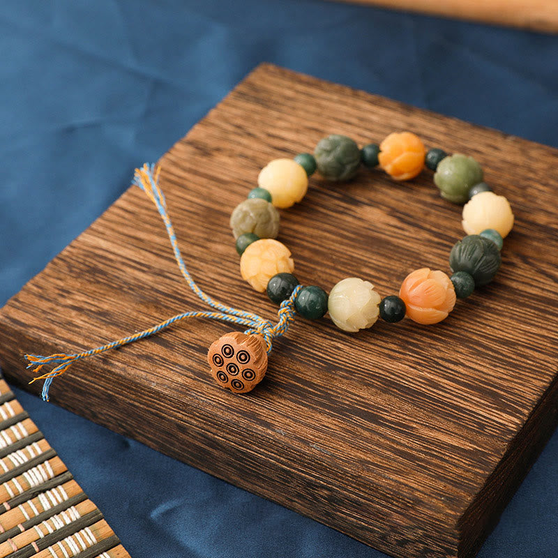 KarmaRipple's Bodhi Seed Lotus Bead Engraved Moss Agate Peace Calm Bracelet p2