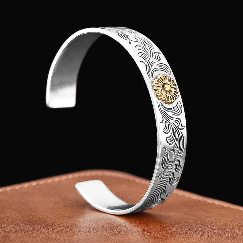 KarmaRipple's Tang Dynasty Flower Design Rose Flower Feather Carved Bronze Fortune Bracelet Bangle p2