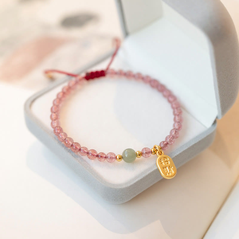 KarmaRipple's Authentic Strawberry Quartz Garnet Jade Fortunate Fortune Fu Character Balancing Talisman Bracelet p1