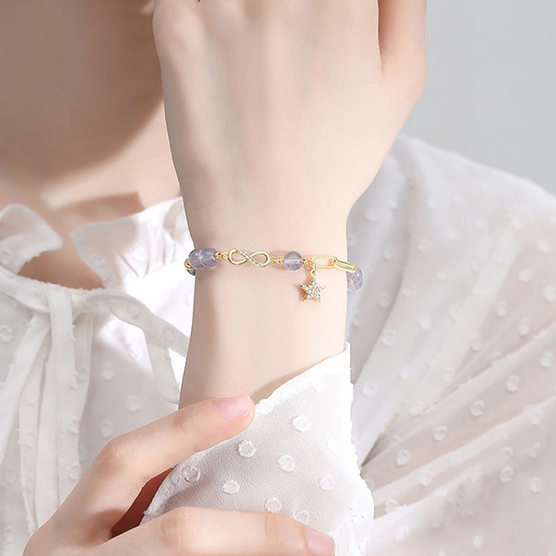 KarmaRipple's 14K Gold Plated Authentic Strawberry Quartz Moonstone M?bius Loop Eternal Love Star Positive Bracelet p10