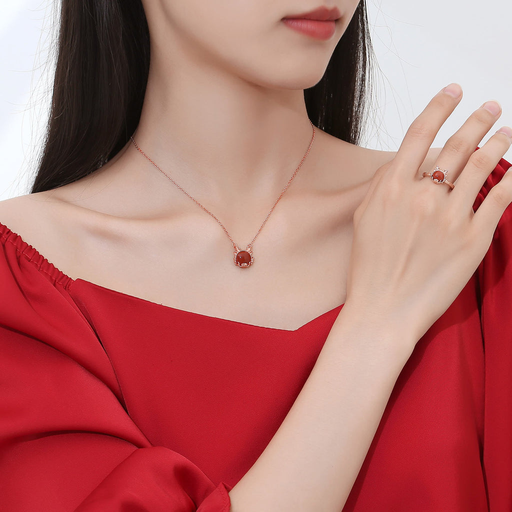 KarmaRipple's ???A Flash Sale- 925 Sterling Silver Year of the Dragon Cinnabar Red Agate Dragon Protection Bracelet Pendant Necklace Earrings Ring p11