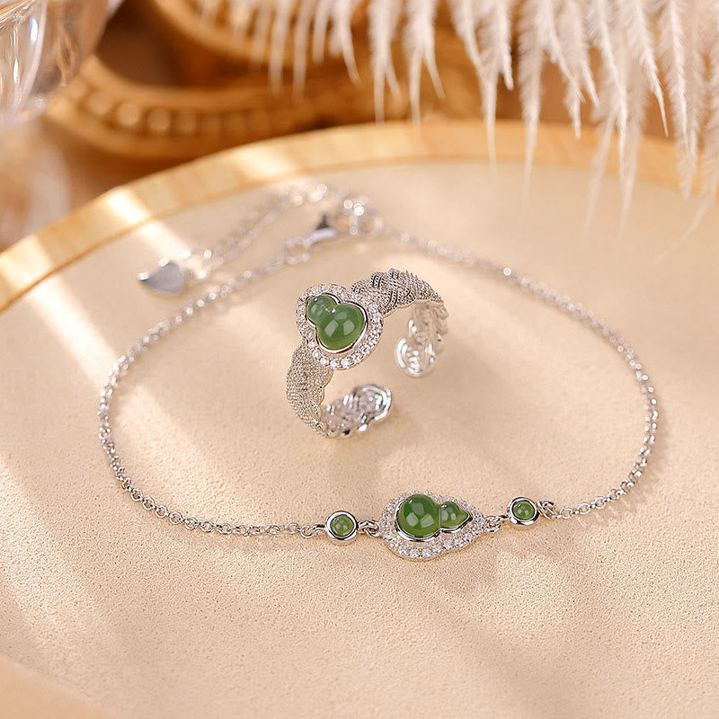 KarmaRipple's 925 Sterling Silver Plated Gold Authentic Hetian Cyan Jade Gourd Fortune Bracelet Ring Set p4